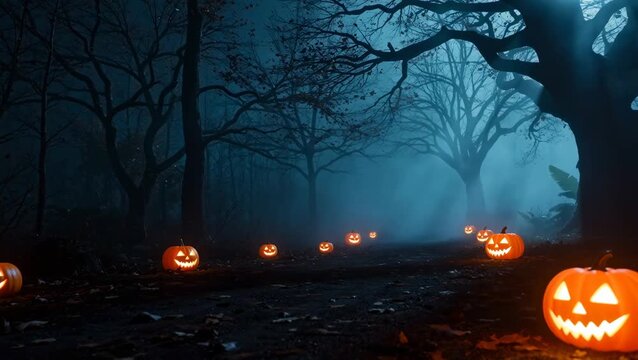 Video of Enchanted Forest Pathway: A bewitching pathway through a darkened forest, illuminated by grinning jack-o'-lanterns, beckoning viewers into the heart of Halloween's mystical allure.  - 4K