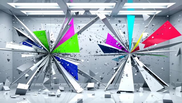 Video of Abstract geometric explosion in room: A dynamic composition of shattering abstract forms in a room, bursting forth with vibrant colors.