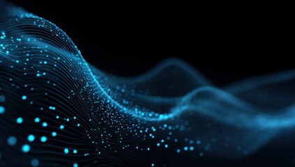 Abstract digital wave.  Cyan particles flow over dark background.  Intricate network structure