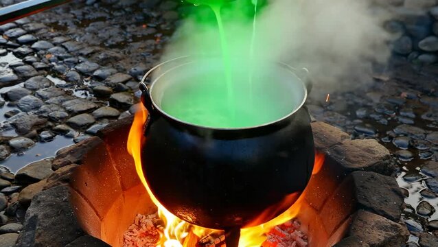Video of Mystical Cauldron: A glowing green potion bubbles and steams within a cauldron over a roaring fire. A mystical scene.  - 4K