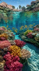 Obraz premium Vibrant underwater scene with colorful coral reefs and a school of orange fish, transitioning to a sandy riverbed and a clear sky