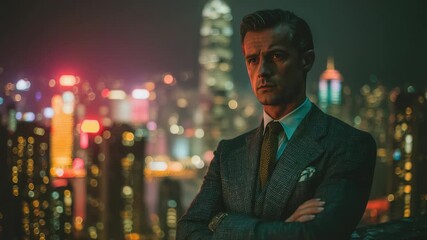 Stylish businessman posing confidently on a rooftop at night with a vibrant city skyline in the background, illuminated by colorful lights and skyscrapers