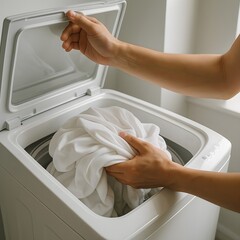 Loading White Laundry into Top Load Washing Machine &ndash; Household Cleaning and Laundry Concept