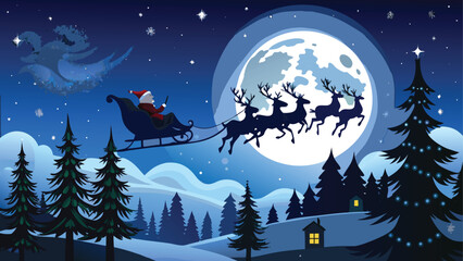 A whimsical Christmas illustration of Santa's sleigh silhouetted against a starry night sky with a full moon over a snow-covered winter forest