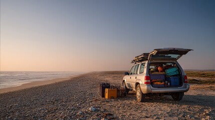 A parked SUV on a serene beach at sunset, surrounded by luggage and a calm ocean, perfect for an adventure or getaway.