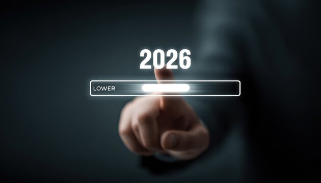 Hand touching a loading bar nearing completion beneath the number "2026" against a blurry dark background. The loading bar reads "LOWER" on the left side