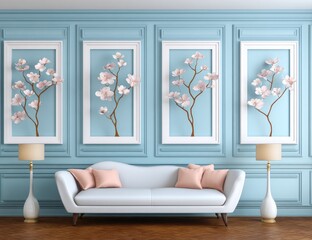 Light blue room with a white sofa and floral artwork.