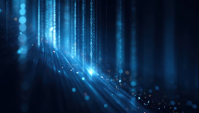 Abstract digital pathway.  Light blue lines of data cascade downward in a dark space.  Glowing particles and light trails