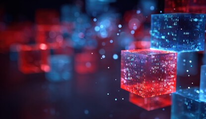 Digital cubes, glowing red and blue, float in a dark space.  Abstract, futuristic, technology