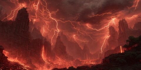 Hellish landscape, fiery structures, and intense lightning