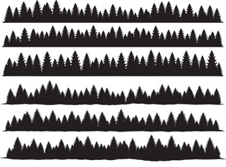 Horizontal Rows of Pine and Fir Tree Silhouettes – Black Vector Illustration on White Background