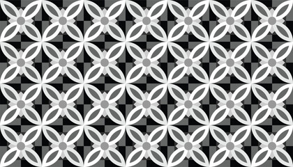 Fototapeta premium Vector illustration of an abstract floral geometric pattern in black, white, and gray tones. The repetitive design creates an elegant, modern, and minimal look