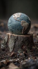 A small globe rests on a tree stump, symbolizing nature and the Earth, set against a blurred natural background.