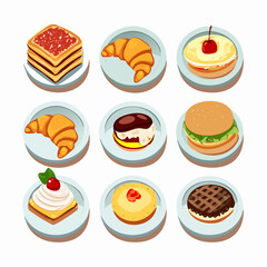 Isometric Delicious Pastries and Bread Assortment on Plates for Breakfast Food