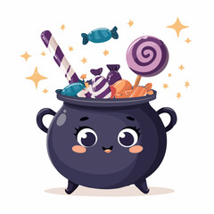 Cute Cartoon Halloween Cauldron Full of Candy Sweets Illustration Asset