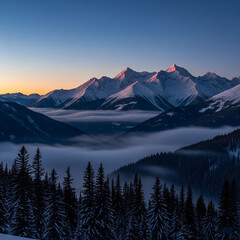 Obraz premium Snowy mountain peaks rise above a sea of fog at sunrise in the alps