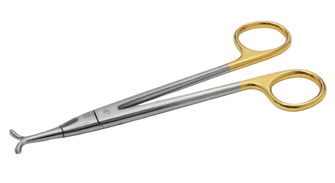 Surgical Instrument with Gold Accents on Black Background