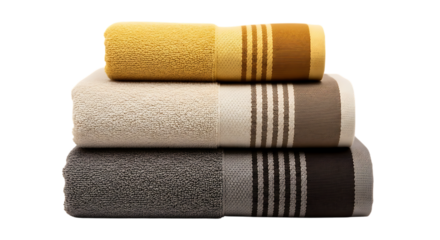 Stacked towels in yellow beige and gray tones with stripe pattern
