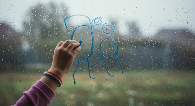 Child drawing family on rainy window - Powered by Adobe