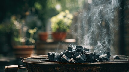 A close-up view of charcoal on a grill with smoke rising, set outdoors amid a blurred background of greenery.