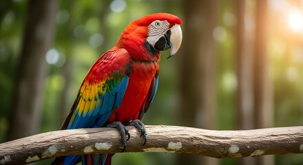 Fototapeta premium Vibrant scarlet macaw with colorful plumage perched on a tree branch in a sunlit tropical forest.