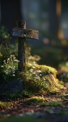 A rustic wooden signpost stands surrounded by lush greenery and delicate flowers in a serene forest setting.