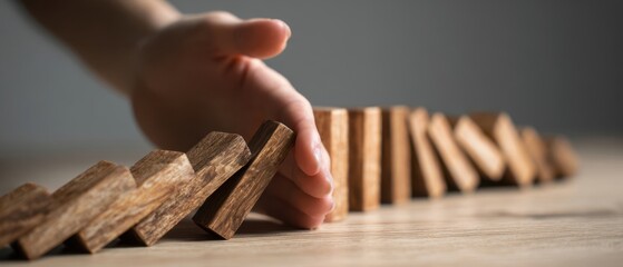 The Dominoes and Hand Preventing a Falling Chain Reaction on Wooden Table