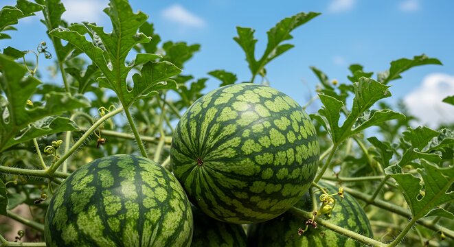 Fresh green striped watermelons growing on the vine in a sunny agricultural field with a blue sky background