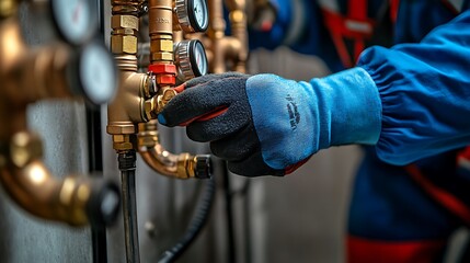 A worker adjusting valve on complex plumbing system with gauges and copper pipes in a mechanical room