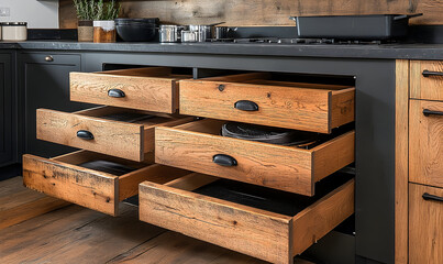 Rustic Kitchen Drawers with Black Hardware and Wood Grain Detail