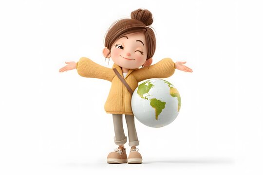 A smiling girl standing with open arms next to a globe, representing geography class, 3d animation, isolated on a white background