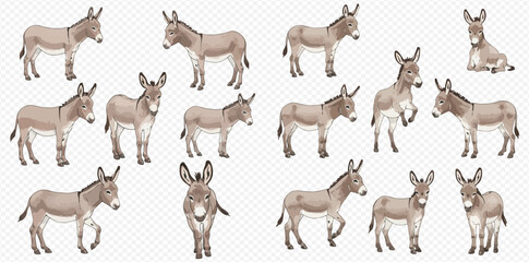 A collection of realistic gray donkey illustrations in various poses, such as standing, walking, sitting, and rearing, on a transparent background.