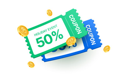 3D discount coupons with 50% holiday event offer, decorated with golden coins, isolated on white background. Gift voucher card template in 3d vector illustration. Vector illustration