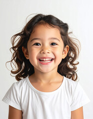 Joyful 4-year-old child expressing excitement, isolated on white background