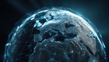 Close-up of a digital globe, focused on Europe.  A network of lines connects continents, lit by soft blue highlights.  Dark background