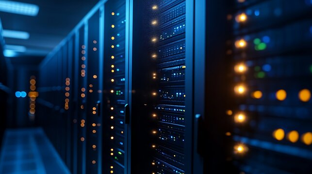 Close up view of a server room with blinking lights and blue illumination in a data center aisle