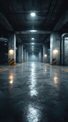 Fototapeta premium Urban underground parking garage with reflective floors and dramatic lighting effects at night