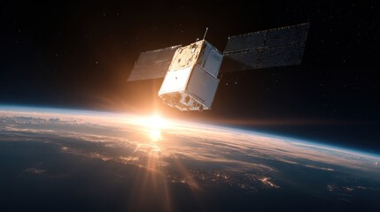 A satellite with solar panels orbits Earth as the sun rises, illuminating the clouds below against the backdrop of stars in space