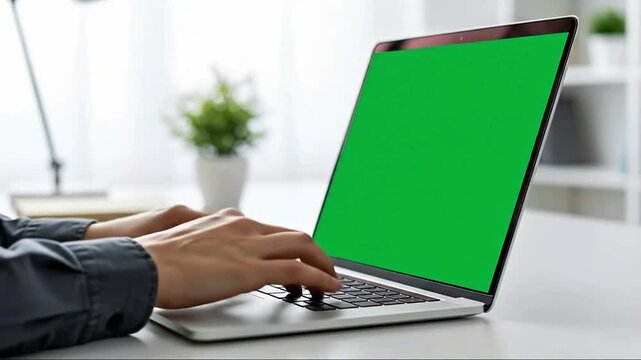 Hands typing on laptop with green screen modern workspace at home focused work high quality professional