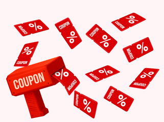 3D red coupon gun blasting flying percentage discount coupons, isolated on light background. 3d modern promo vector for sales, marketing, and e-commerce campaigns. Vector illustration