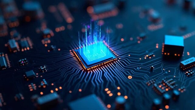 AI-powered Arm CPU Circuit board. Central Computer Processors concept Technology background.