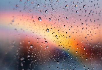 Obraz premium Raindrops on glass, vibrant sunset, rainbow