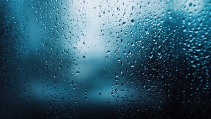 Obraz premium Raindrops on a window, blurring the view of a dark, misty scene