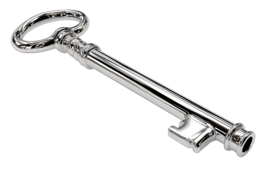 Ornate Silver Skeleton Key on Transparent Background