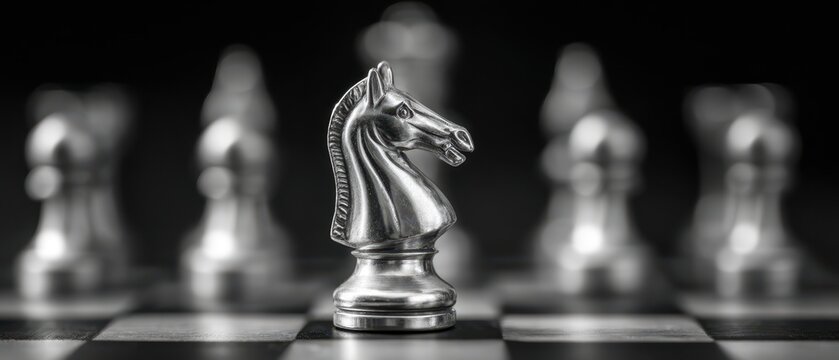 Fototapeta The Knight Chess Piece Standing Prominently On A Chessboard With Blurred Opponents