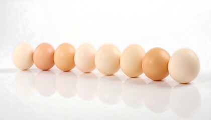 Row of varying-toned eggs on white background