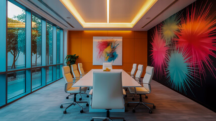 Contemporary Boardroom with Abstract Art and Large Windows photo
