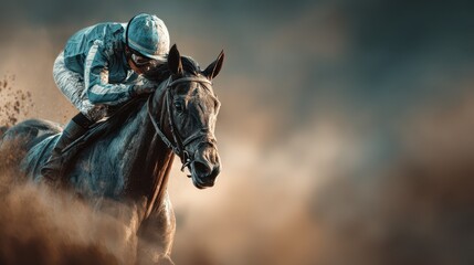 Horse racing competition with a jockey in dynamic action during a cloudy day on the racetrack