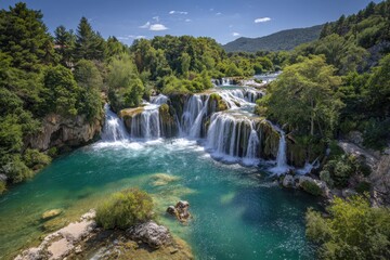 Fototapeta premium Lush green forest surrounds cascading waterfalls into a turquoise pool