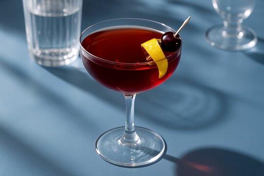Garnished cocktail glimmers ruby red under soft light, its elegant form promising refreshment and a touch of luxury during happy hour.